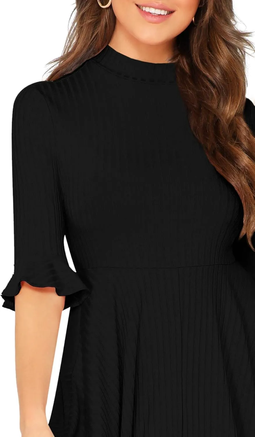Verdusa Women's Elegant Ribbed Ruffle Half Sleeve A Line Dresses Fit and Flare Midi Dress