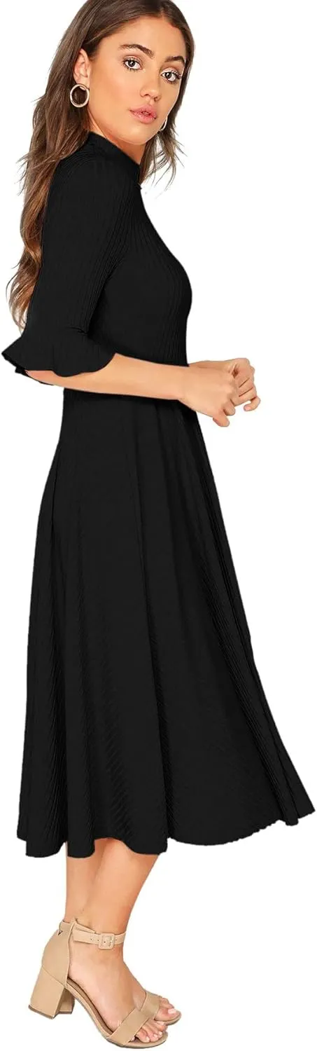Verdusa Women's Elegant Ribbed Ruffle Half Sleeve A Line Dresses Fit and Flare Midi Dress