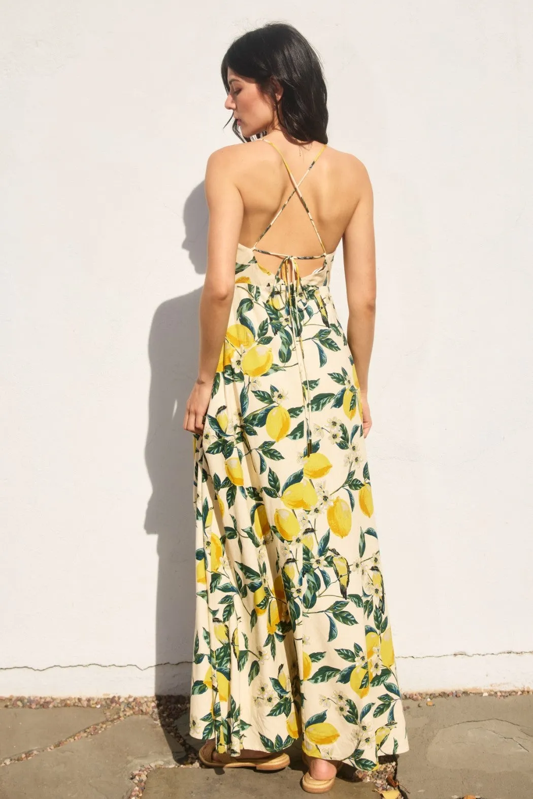 Waitlist 6/5 ♥ Sonia Sleeveless Back Tie Lemon Print Maxi Dress Yellow