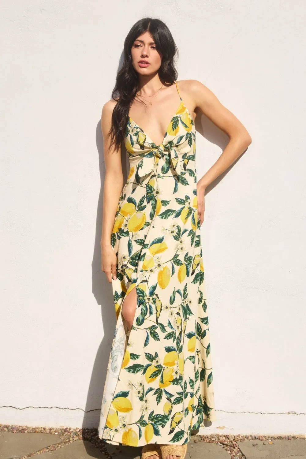 Waitlist 6/5 ♥ Sonia Sleeveless Back Tie Lemon Print Maxi Dress Yellow