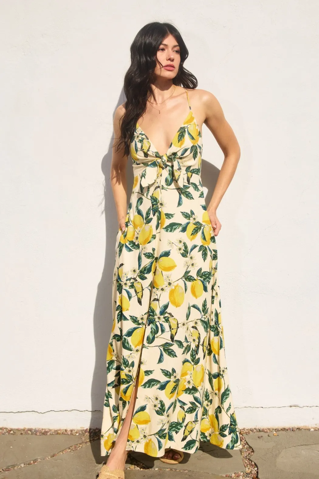 Waitlist 6/5 ♥ Sonia Sleeveless Back Tie Lemon Print Maxi Dress Yellow