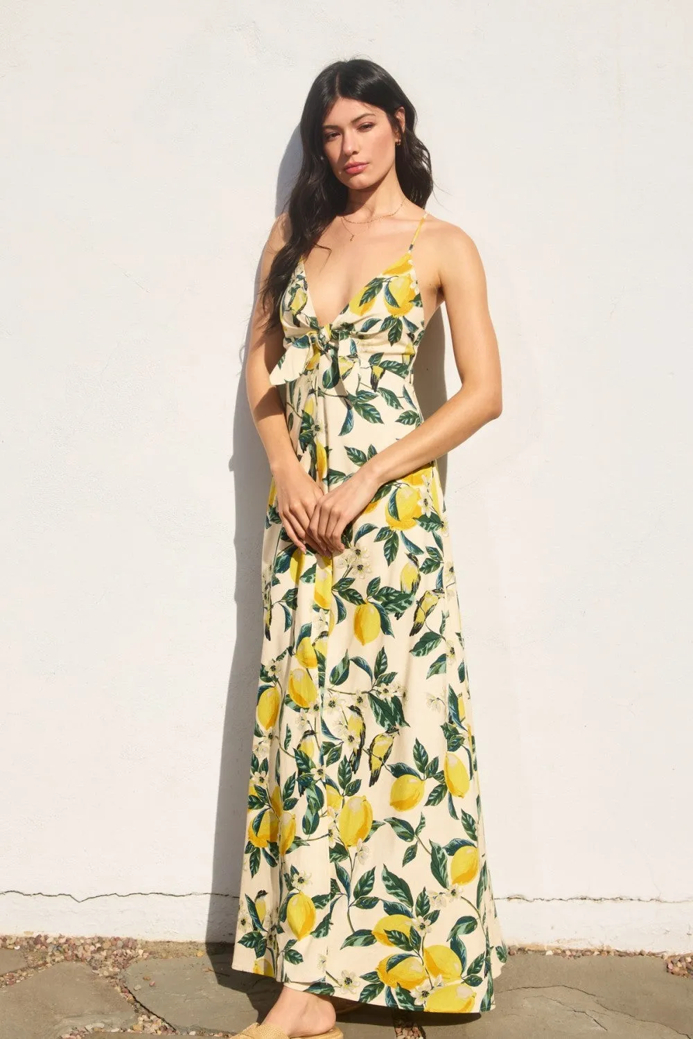 Waitlist 6/5 ♥ Sonia Sleeveless Back Tie Lemon Print Maxi Dress Yellow