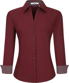 WARHORSEE Womens Button Down Shirt Long Sleeve Work Dress Shirts, V Neck Easy Care Stretchy Business Casual Blouses for Women