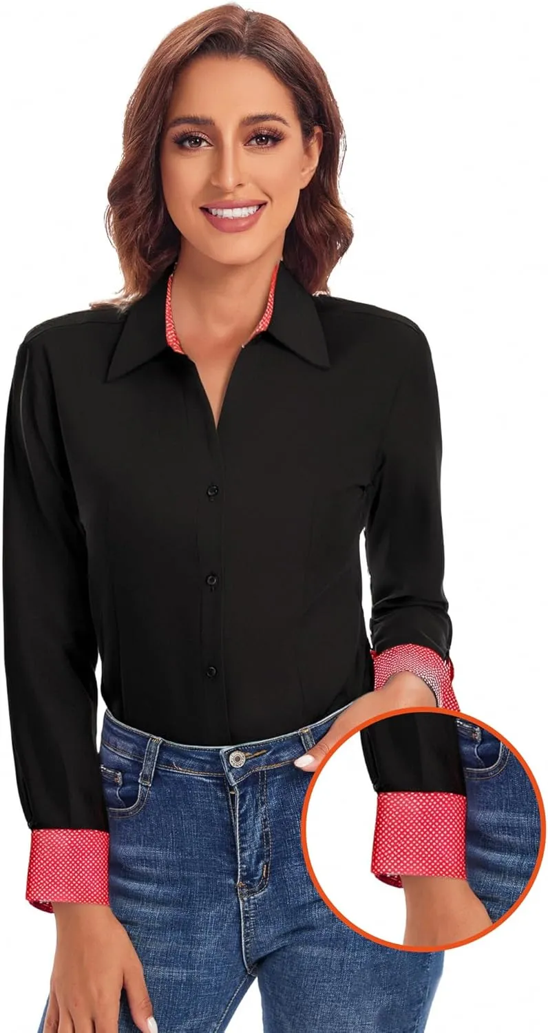 WARHORSEE Womens Button Down Shirt Long Sleeve Work Dress Shirts, V Neck Easy Care Stretchy Business Casual Blouses for Women
