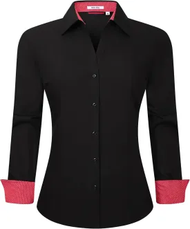 WARHORSEE Womens Button Down Shirt Long Sleeve Work Dress Shirts, V Neck Easy Care Stretchy Business Casual Blouses for Women