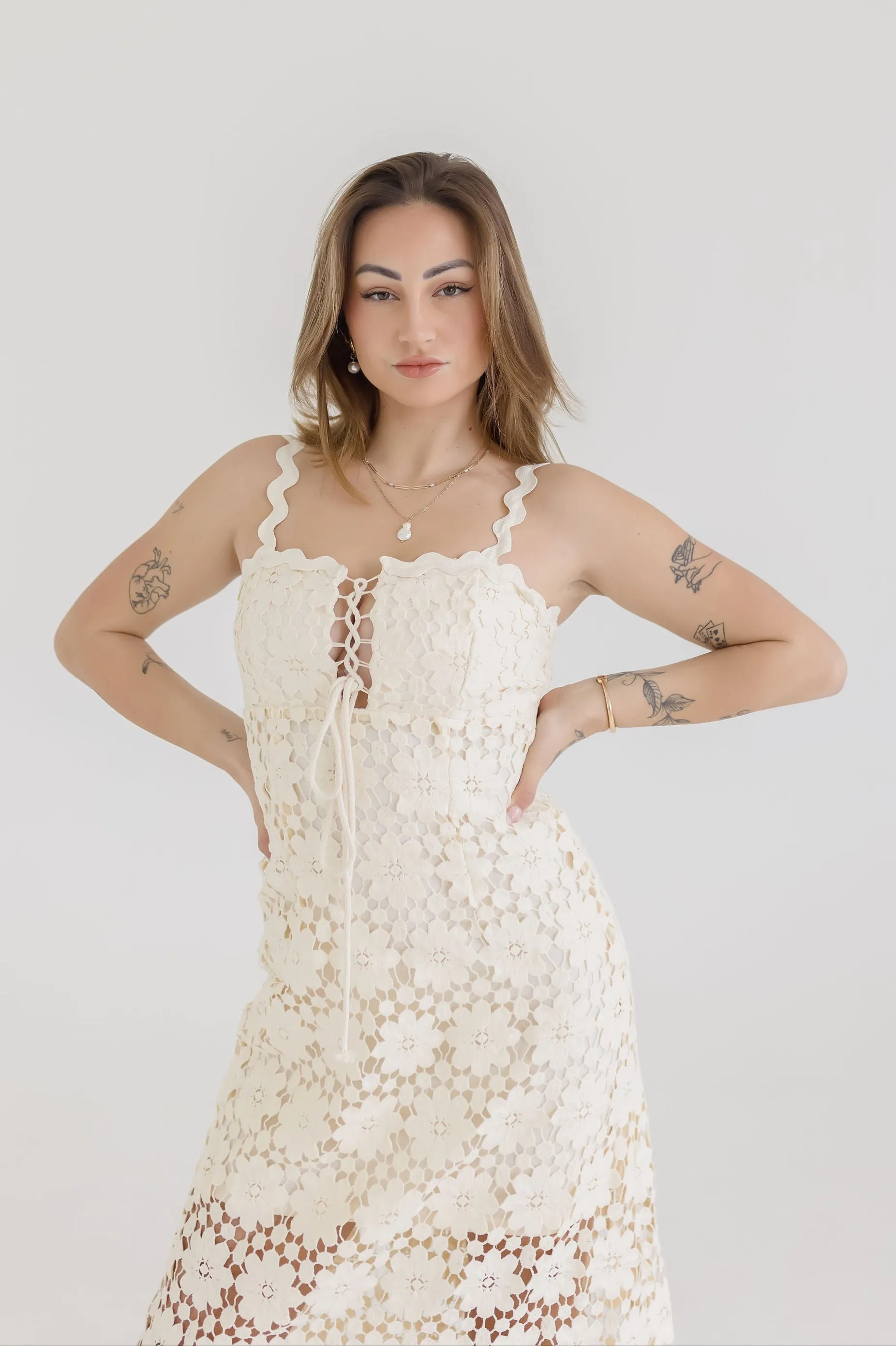 Wilder Sleeveless Crochet Floral Lace Maxi Dress Natural