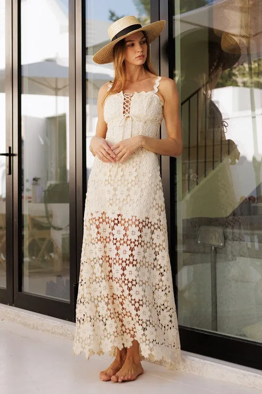 Wilder Sleeveless Crochet Floral Lace Maxi Dress Natural