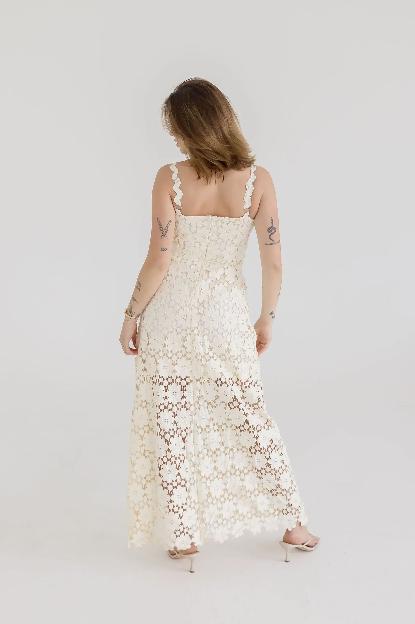 Wilder Sleeveless Crochet Floral Lace Maxi Dress Natural