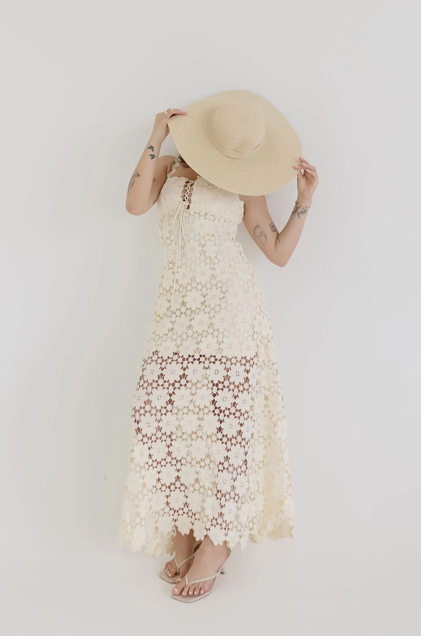 Wilder Sleeveless Crochet Floral Lace Maxi Dress Natural