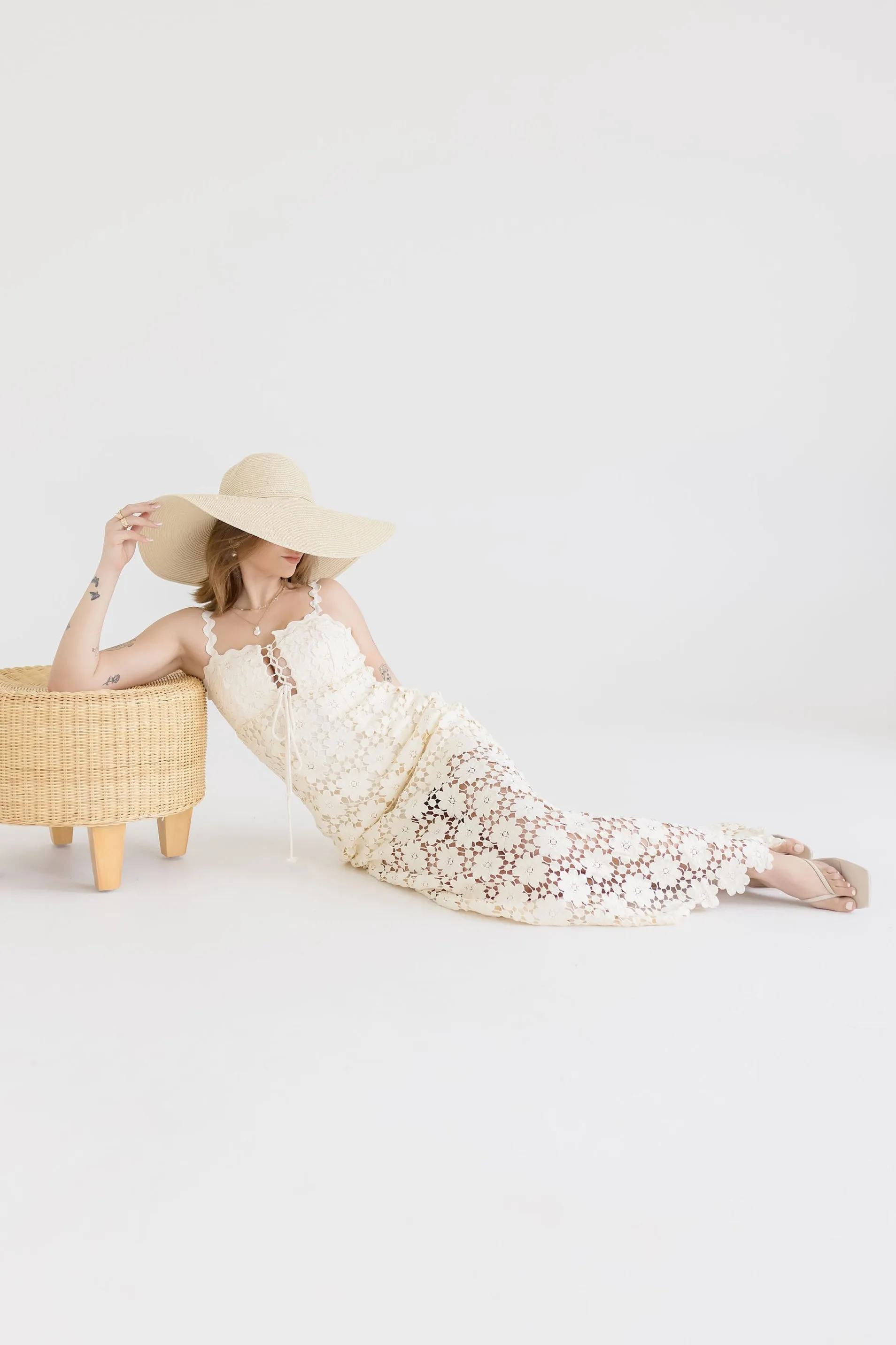 Wilder Sleeveless Crochet Floral Lace Maxi Dress Natural