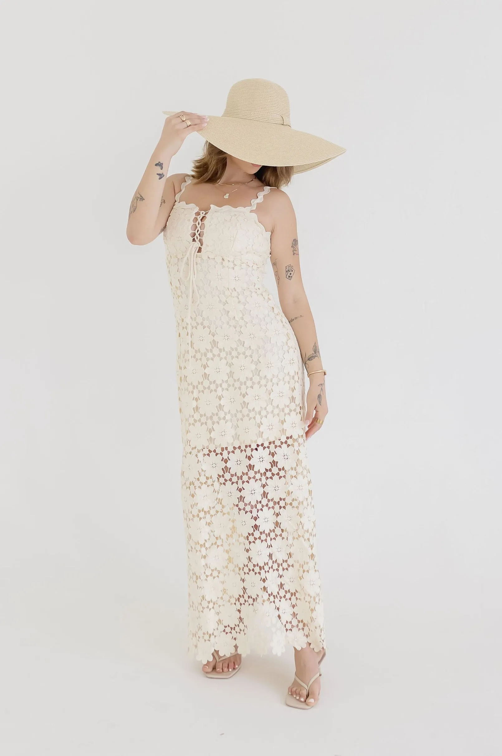 Wilder Sleeveless Crochet Floral Lace Maxi Dress Natural