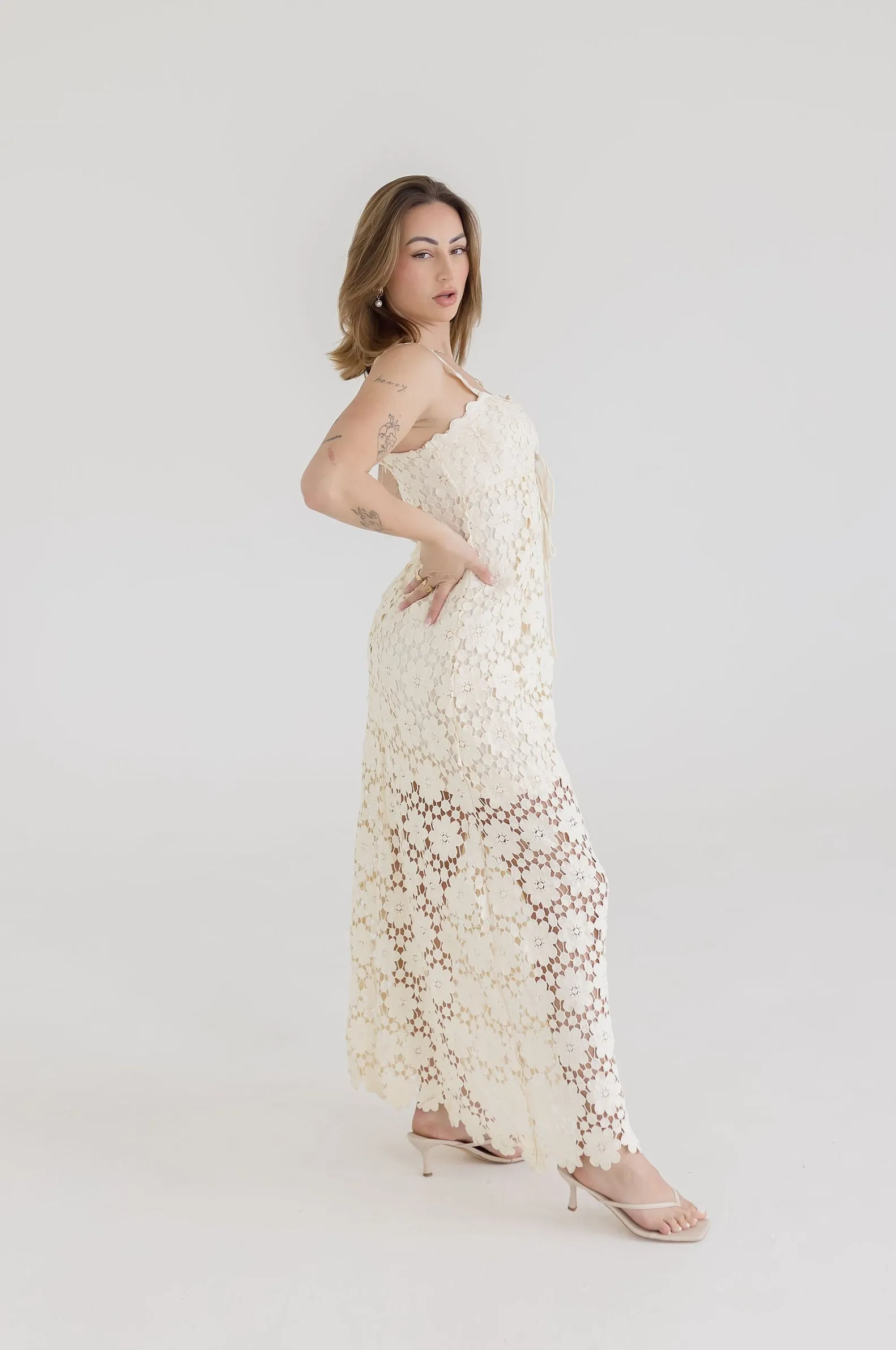 Wilder Sleeveless Crochet Floral Lace Maxi Dress Natural