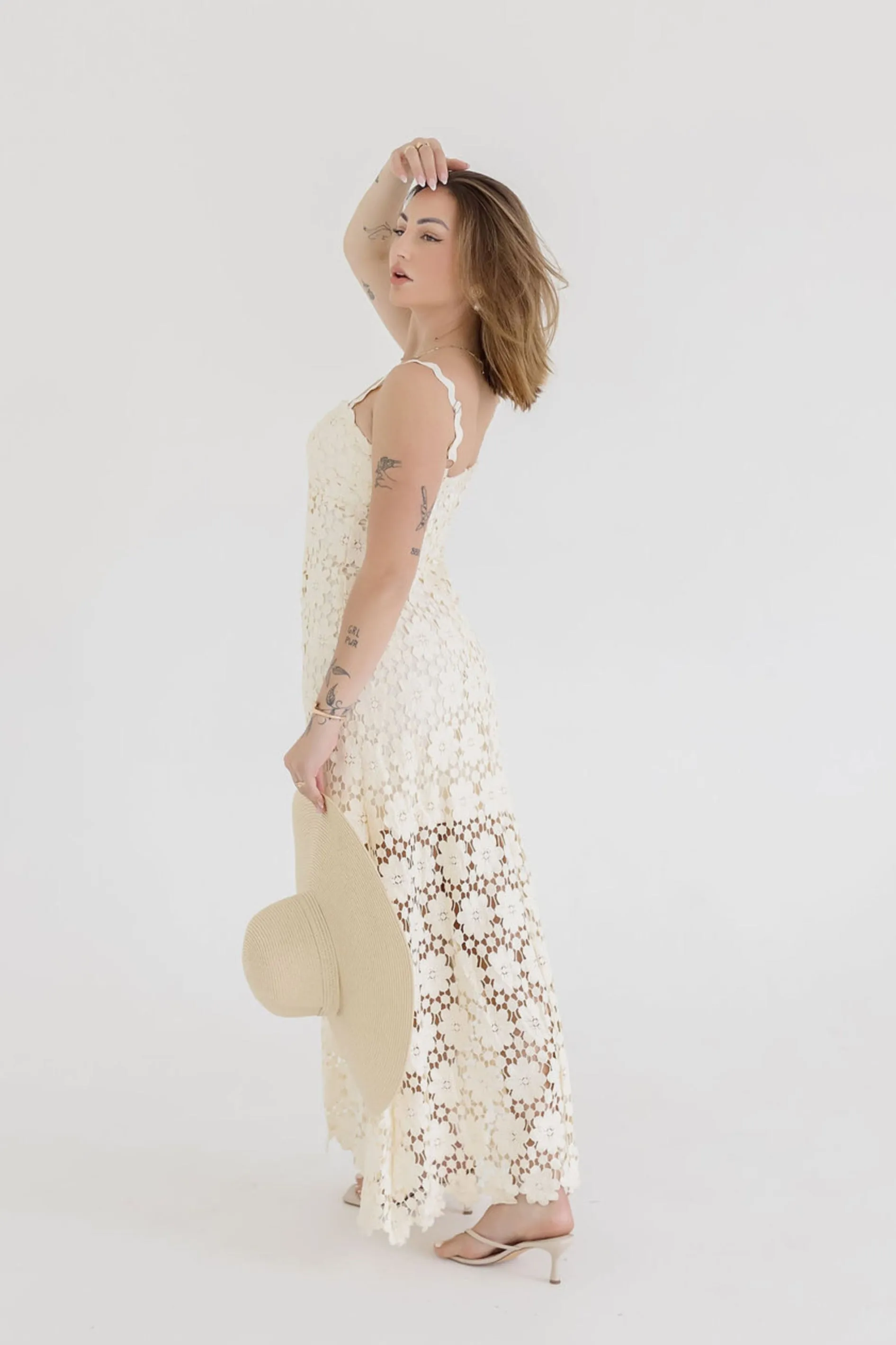 Wilder Sleeveless Crochet Floral Lace Maxi Dress Natural