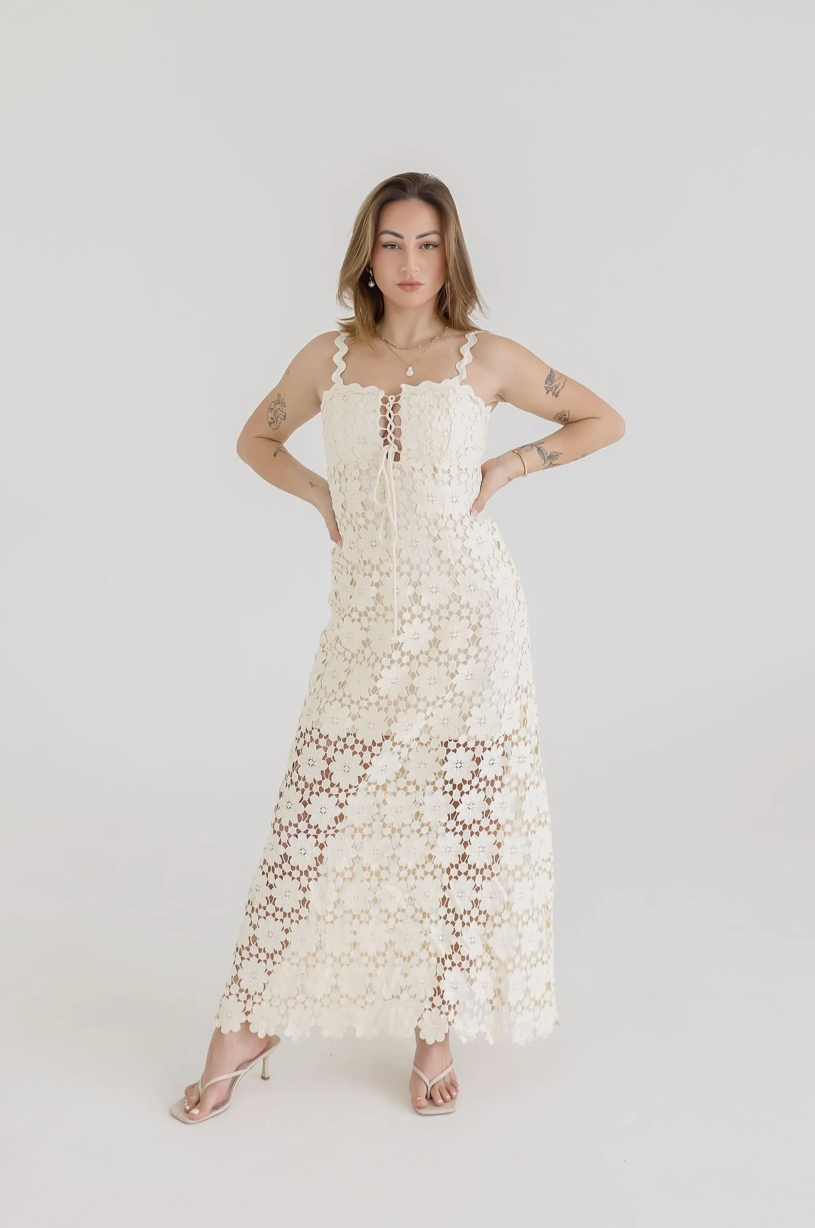Wilder Sleeveless Crochet Floral Lace Maxi Dress Natural