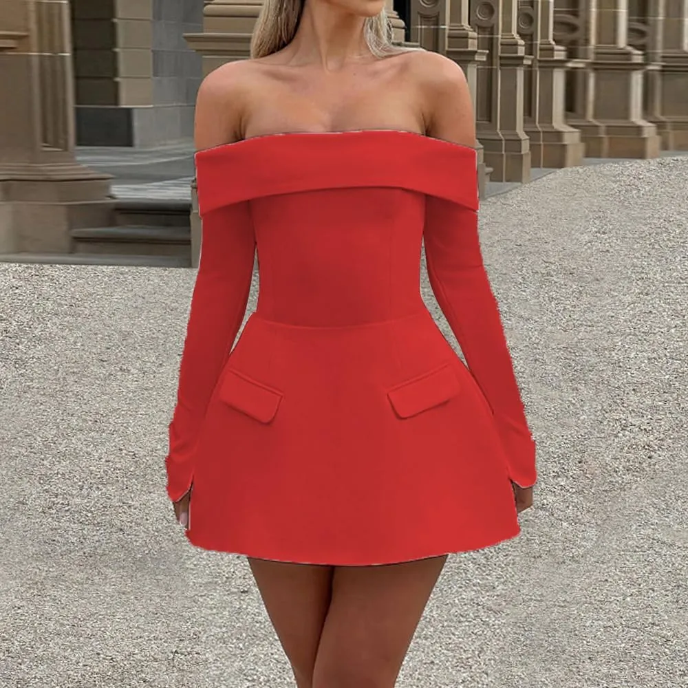 Women Long Sleeve Off Shoulder Dress Sexy A Line Mini Dress Party Club Short Formal Dresses