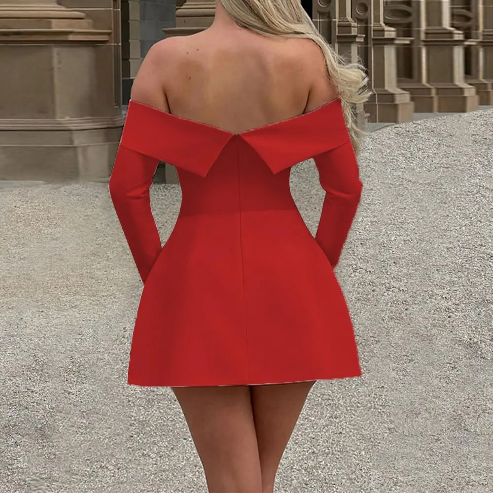 Women Long Sleeve Off Shoulder Dress Sexy A Line Mini Dress Party Club Short Formal Dresses