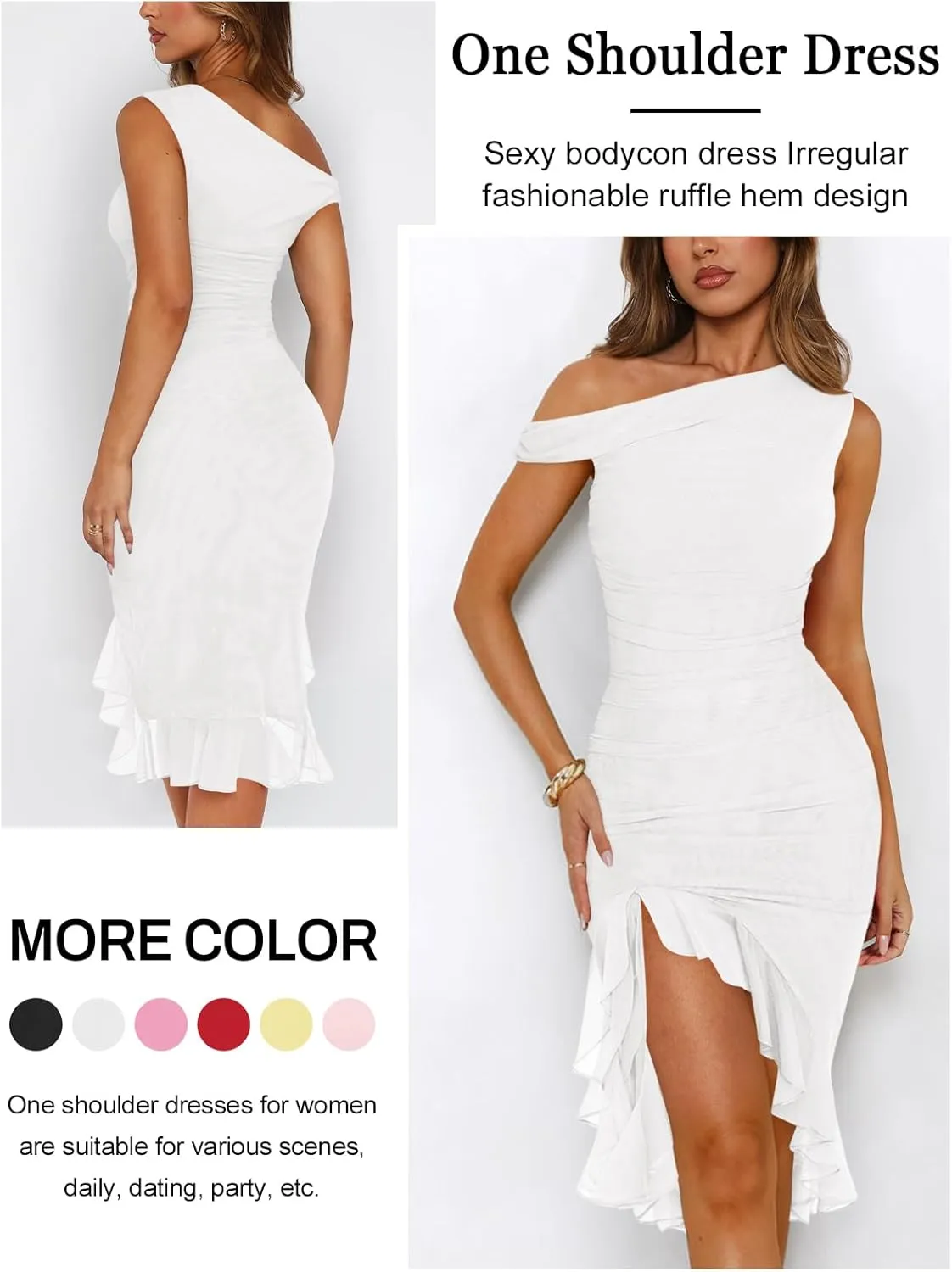 Women Sleeveless One Shoulder Bodycon Midi Dress Summer Side Slit Mesh Irregular Ruffle Cocktail Dress for Women
