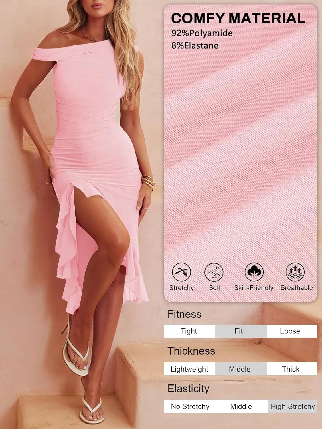 Women Sleeveless One Shoulder Bodycon Midi Dress Summer Side Slit Mesh Irregular Ruffle Cocktail Dress for Women
