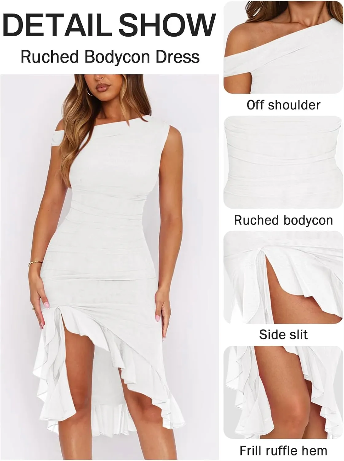 Women Sleeveless One Shoulder Bodycon Midi Dress Summer Side Slit Mesh Irregular Ruffle Cocktail Dress for Women