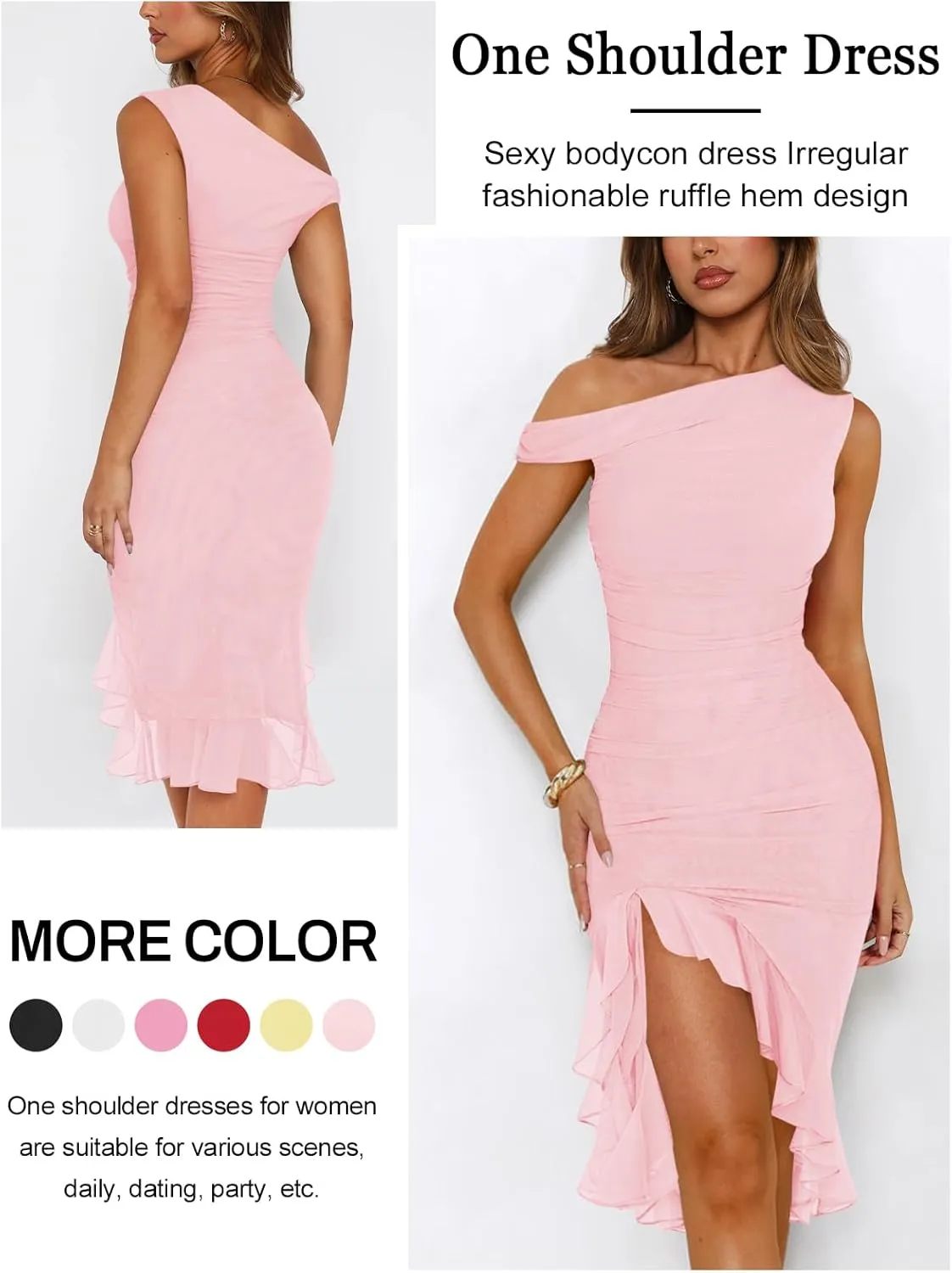 Women Sleeveless One Shoulder Bodycon Midi Dress Summer Side Slit Mesh Irregular Ruffle Cocktail Dress for Women
