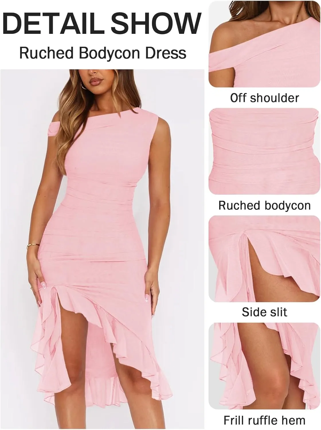 Women Sleeveless One Shoulder Bodycon Midi Dress Summer Side Slit Mesh Irregular Ruffle Cocktail Dress for Women