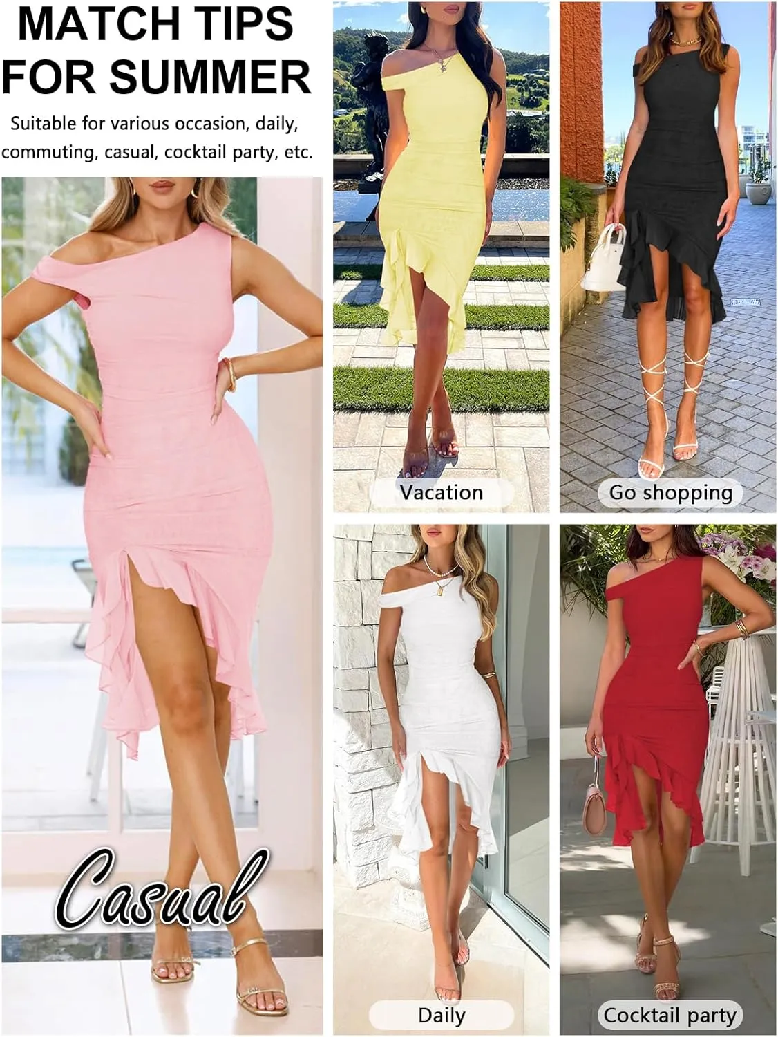 Women Sleeveless One Shoulder Bodycon Midi Dress Summer Side Slit Mesh Irregular Ruffle Cocktail Dress for Women