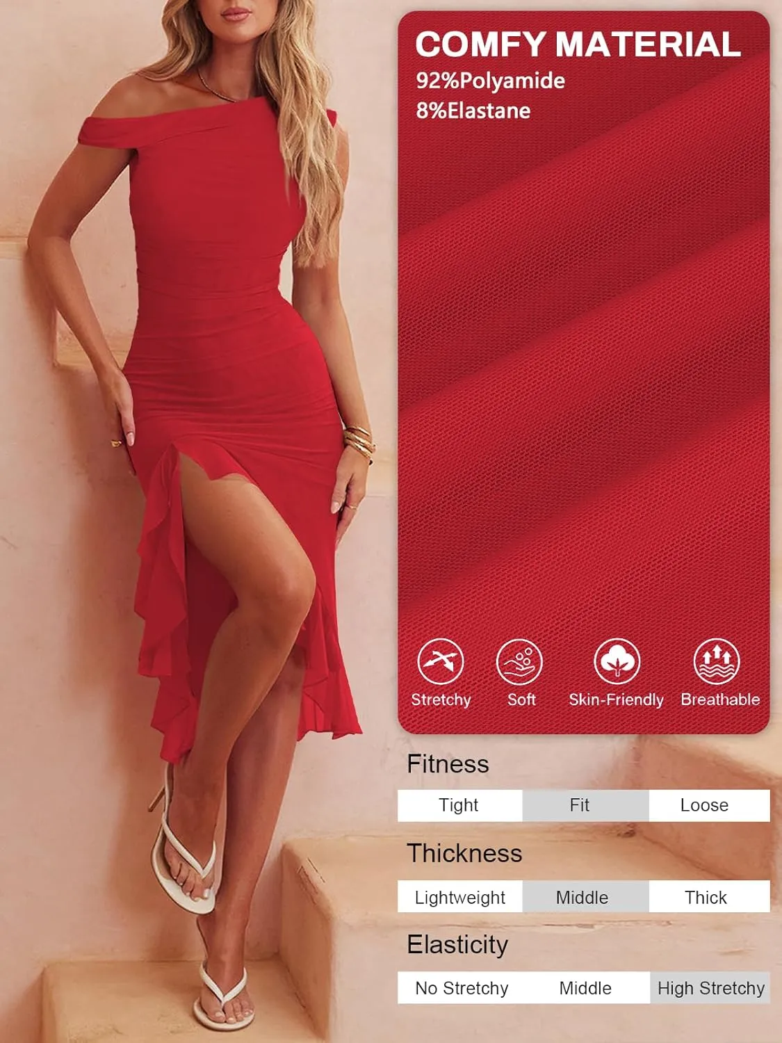 Women Sleeveless One Shoulder Bodycon Midi Dress Summer Side Slit Mesh Irregular Ruffle Cocktail Dress for Women