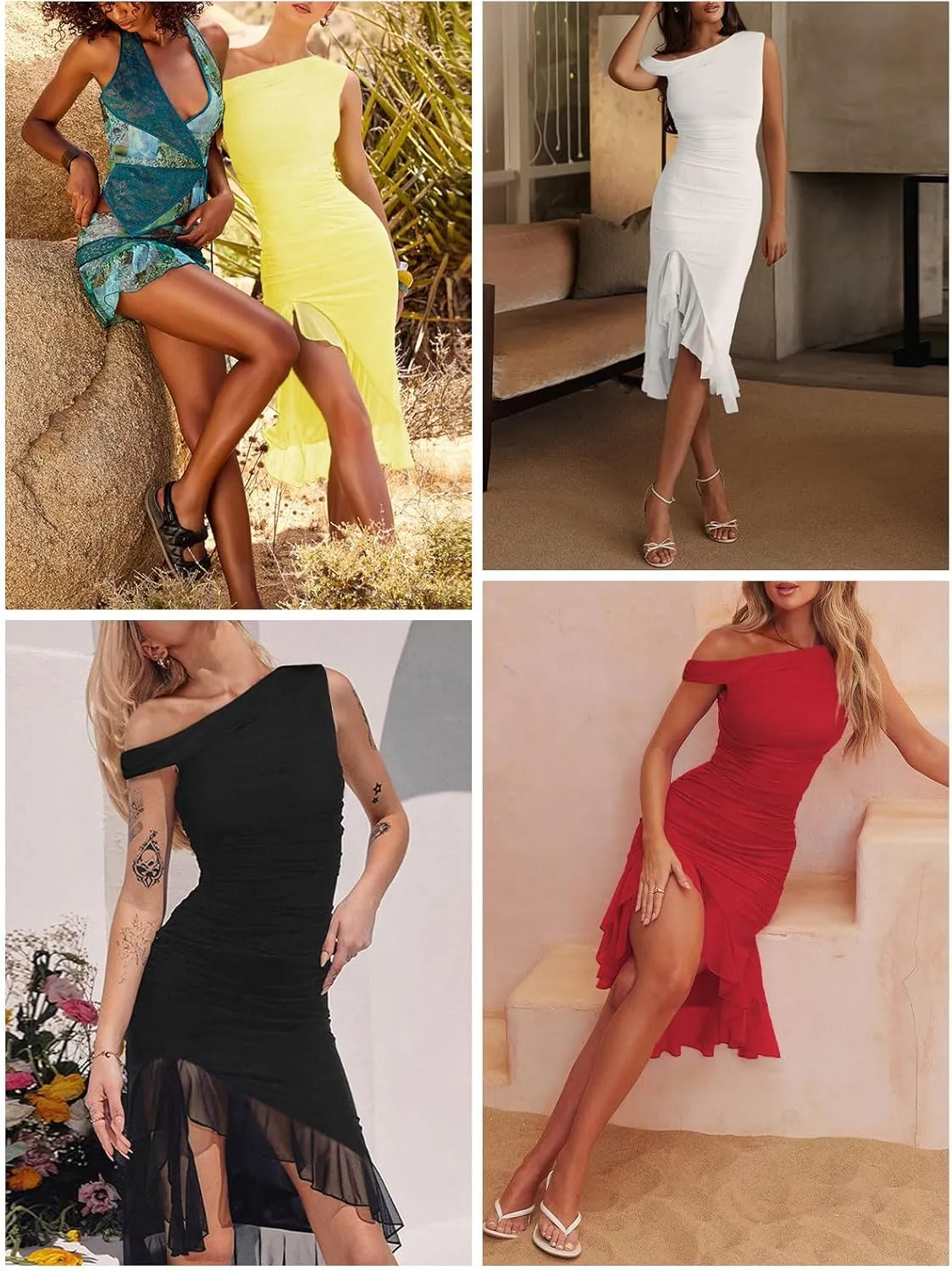 Women Sleeveless One Shoulder Bodycon Midi Dress Summer Side Slit Mesh Irregular Ruffle Cocktail Dress for Women