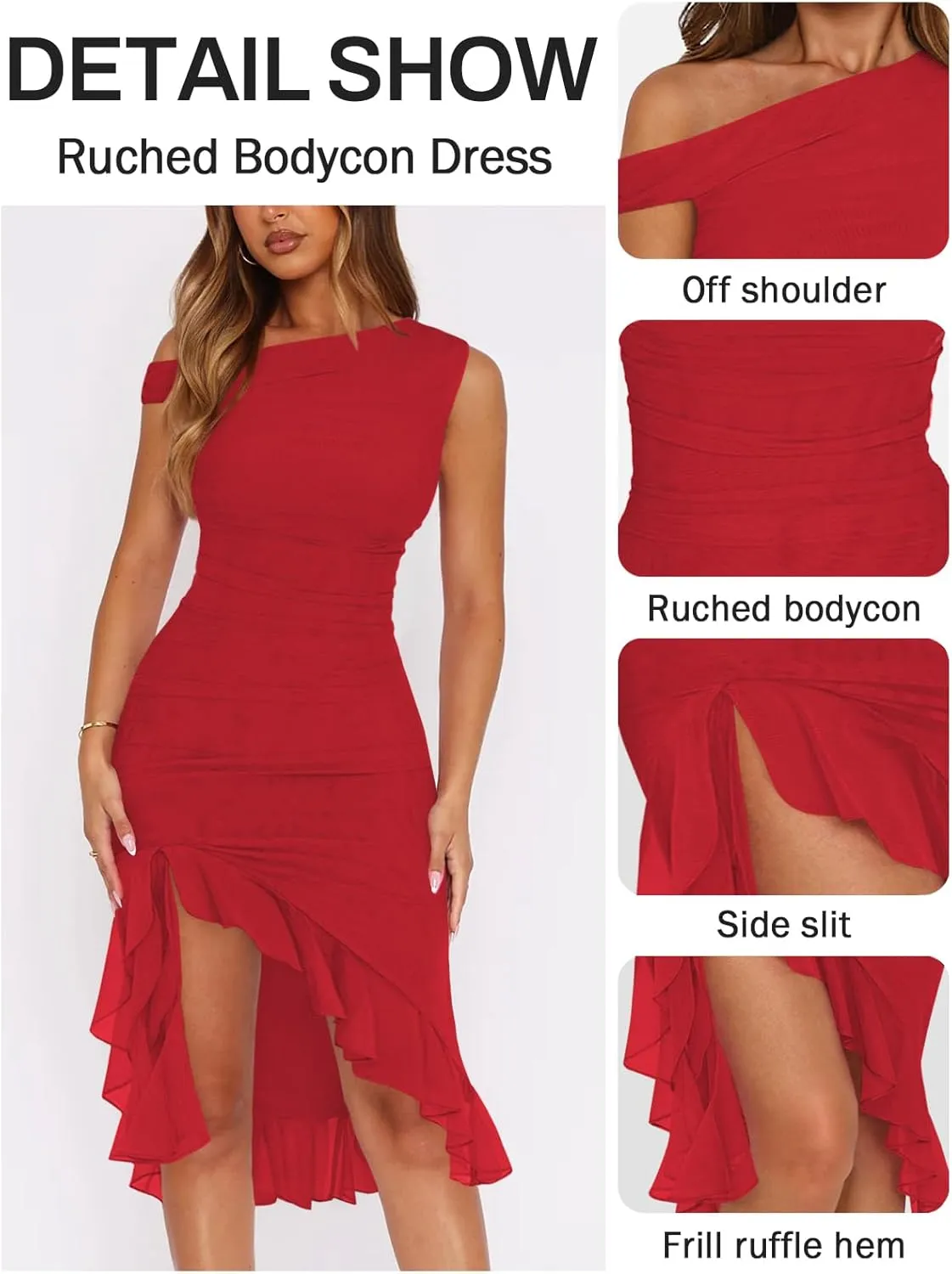 Women Sleeveless One Shoulder Bodycon Midi Dress Summer Side Slit Mesh Irregular Ruffle Cocktail Dress for Women