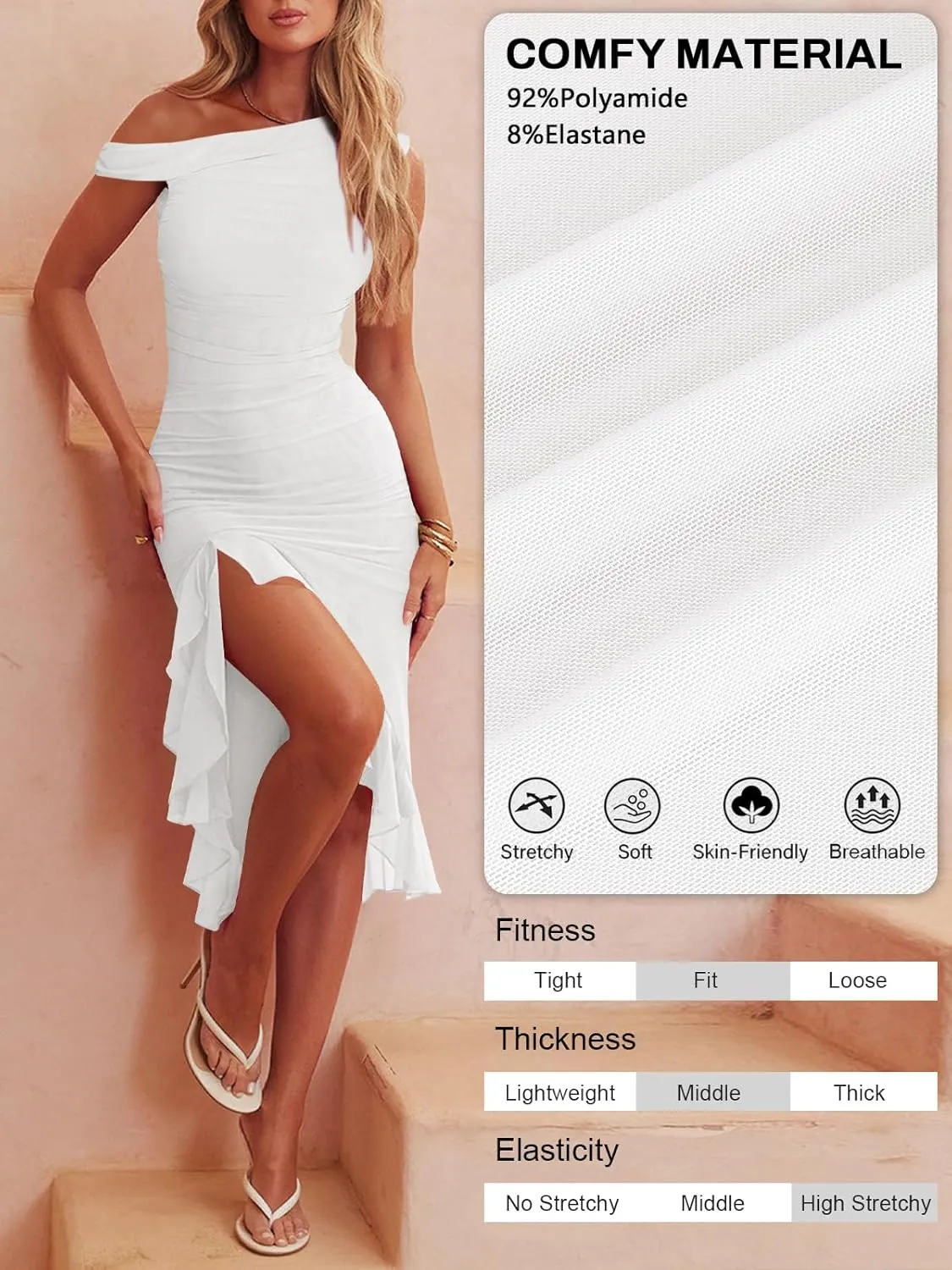 Women Sleeveless One Shoulder Bodycon Midi Dress Summer Side Slit Mesh Irregular Ruffle Cocktail Dress for Women
