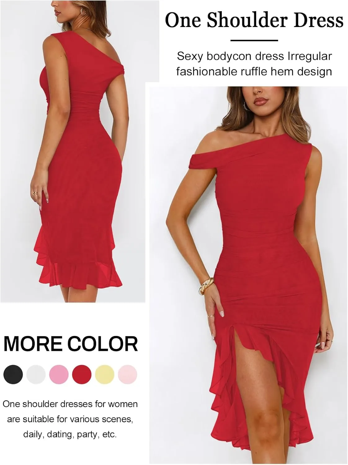 Women Sleeveless One Shoulder Bodycon Midi Dress Summer Side Slit Mesh Irregular Ruffle Cocktail Dress for Women