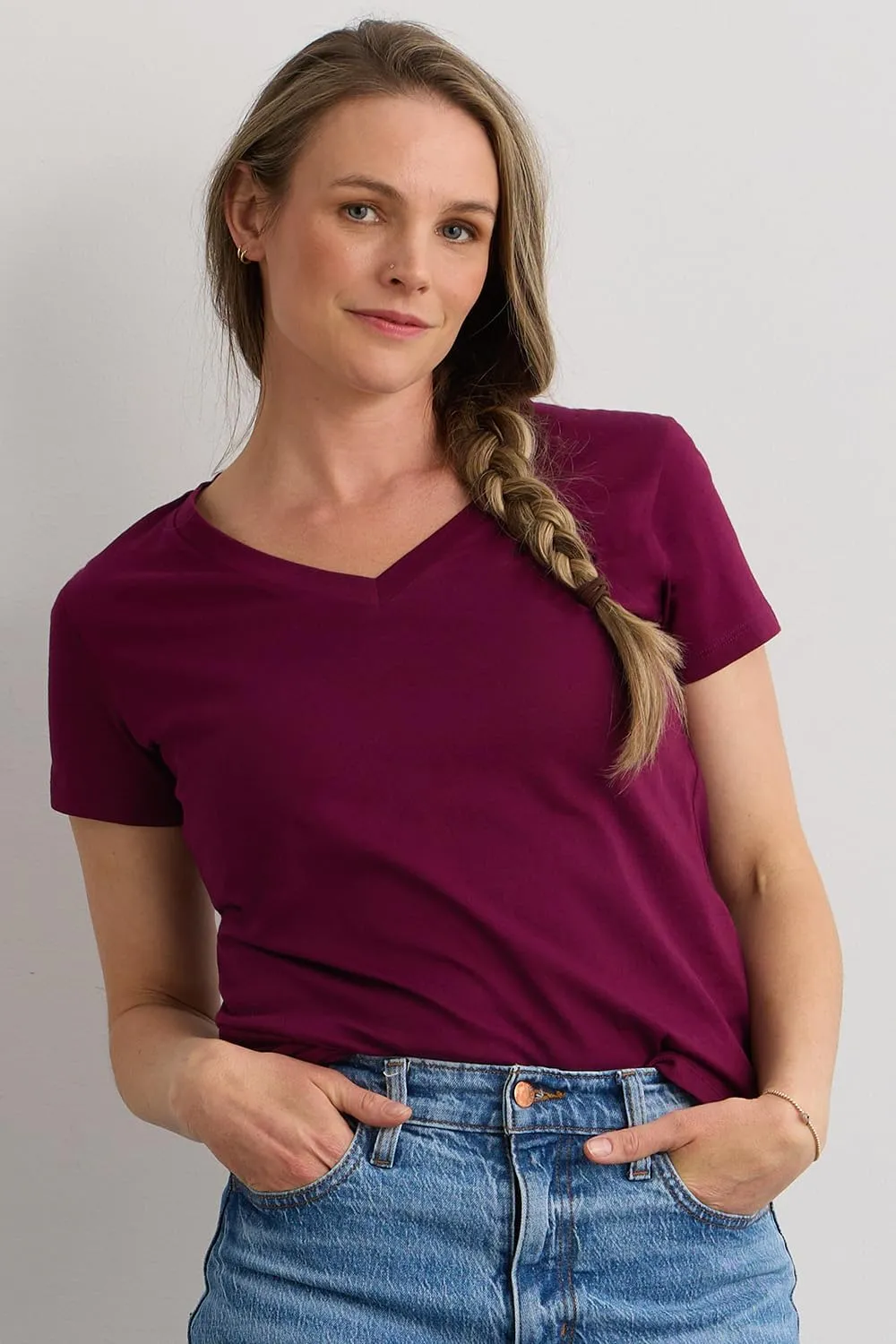 Women's 100% Organic Pima Cotton Relaxed Short Sleeve V-Neck T-Shirt