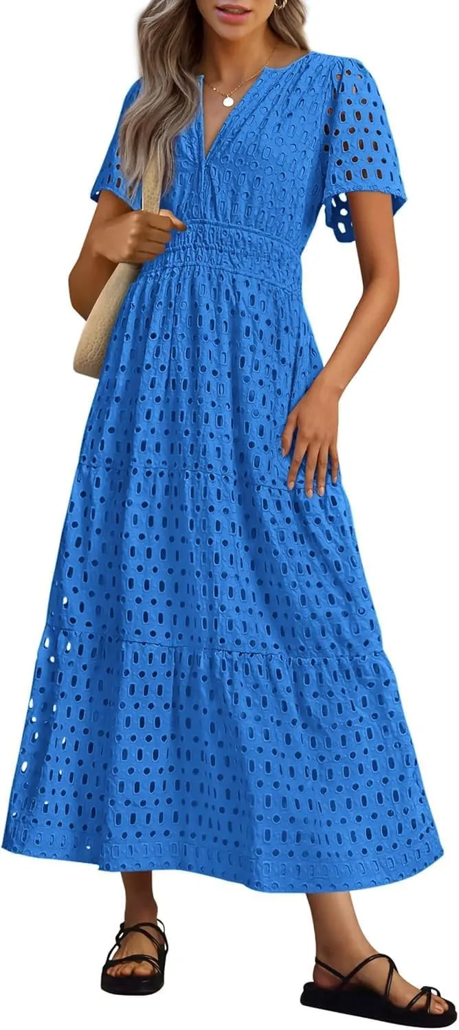 Womens 2025 Summer Maxi Dress Short Sleeve V Neck Hollow Out Eyelet A Line Long Flowy Beach Vacation Dresses