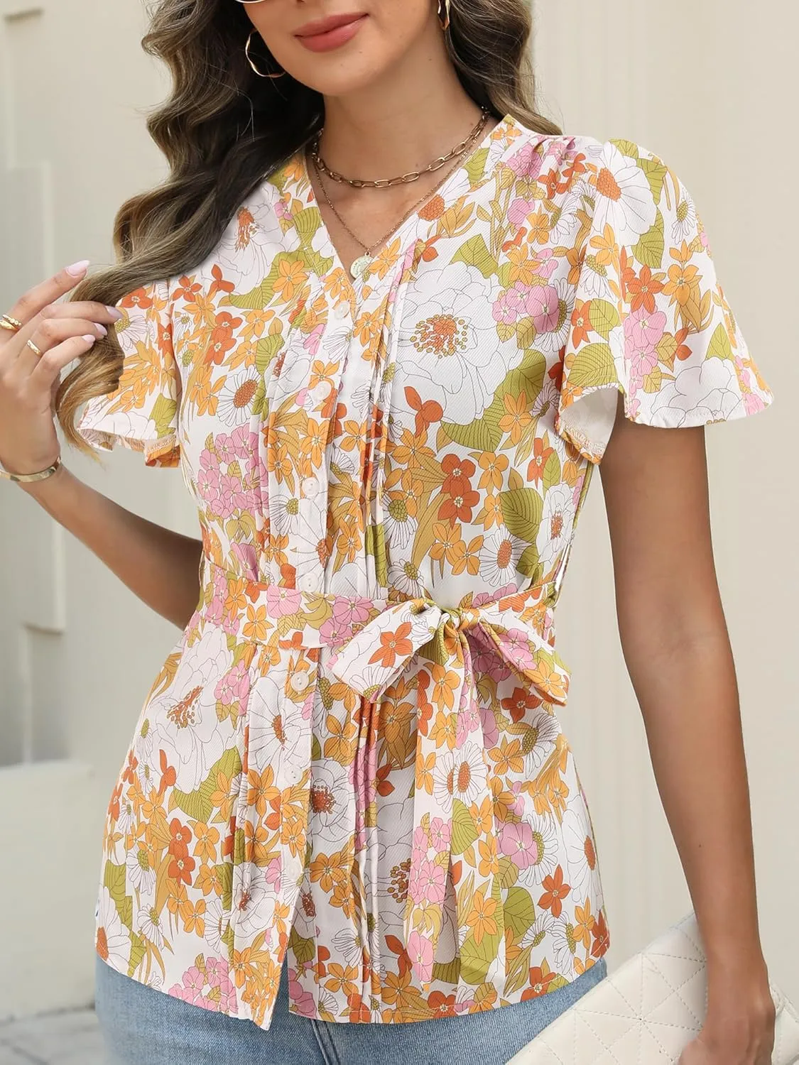 Women's Floral V-Neck Blouse, Short Flutter Sleeves Button Down Summer Casual Top with Waist Tie