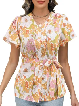 Women's Floral V-Neck Blouse, Short Flutter Sleeves Button Down Summer Casual Top with Waist Tie