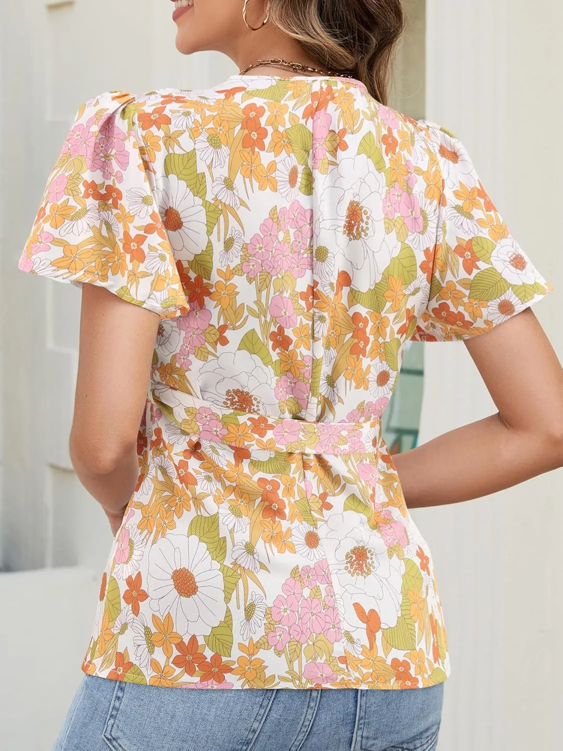 Women's Floral V-Neck Blouse, Short Flutter Sleeves Button Down Summer Casual Top with Waist Tie