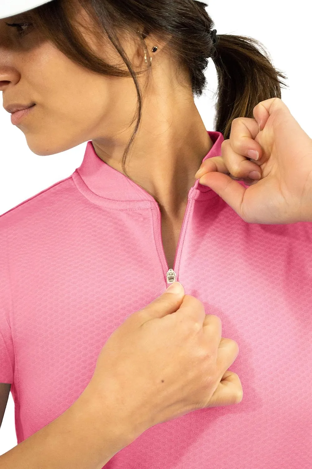 Womens Golf Polo with Zipper - Short Sleeve and Collarless Golf Shirts for Women - UV Protection, Dry Fit, and 4 Way Stretch