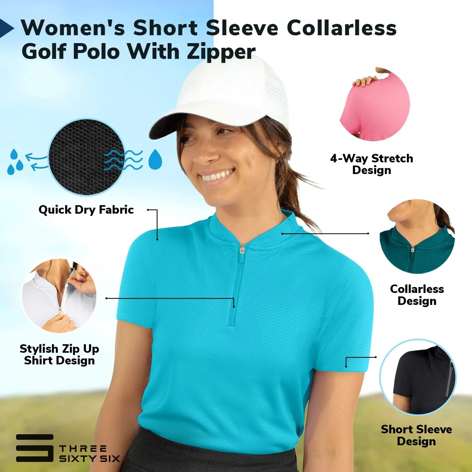 Womens Golf Polo with Zipper - Short Sleeve and Collarless Golf Shirts for Women - UV Protection, Dry Fit, and 4 Way Stretch
