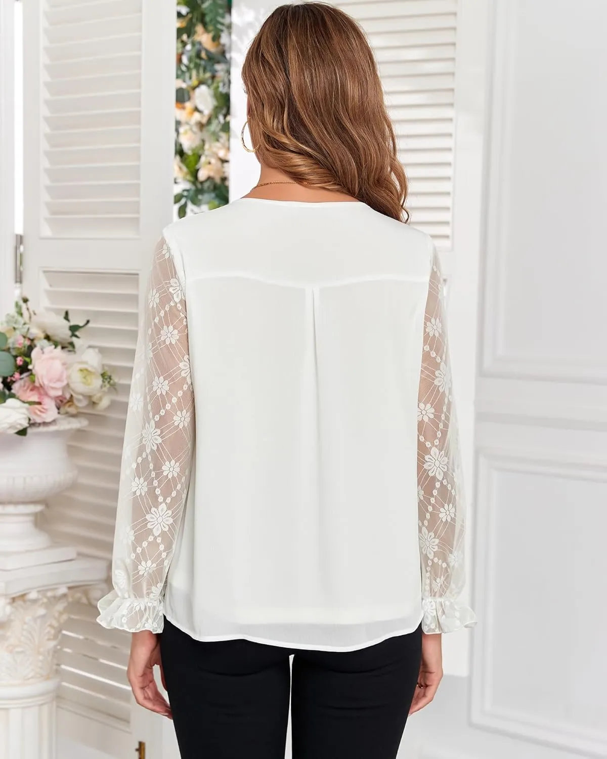 Women's Lace and Chiffon Dressy Blouses Classy Tops V Neck Long Sleeve Loose Elegant Shirts