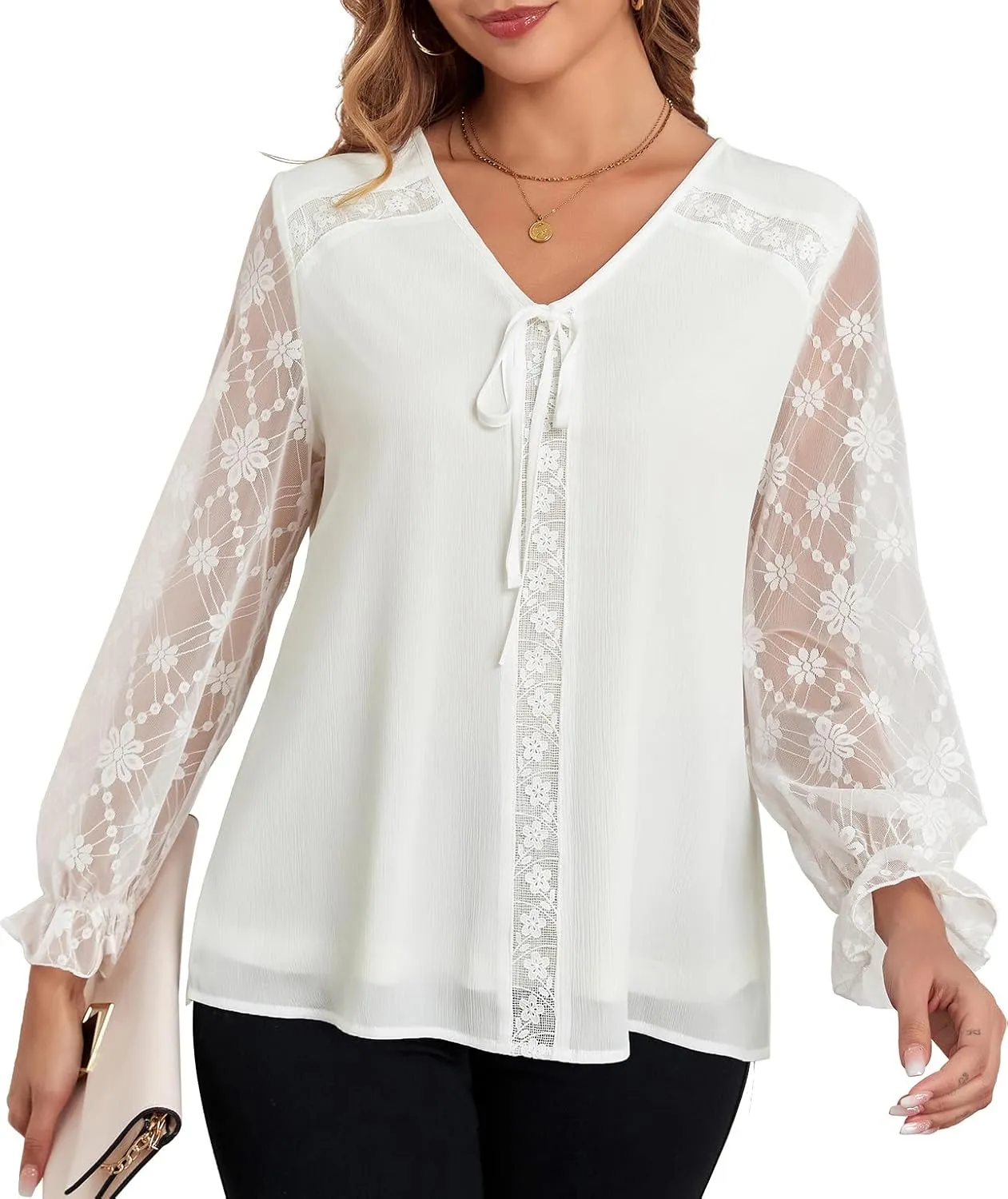 Women's Lace and Chiffon Dressy Blouses Classy Tops V Neck Long Sleeve Loose Elegant Shirts