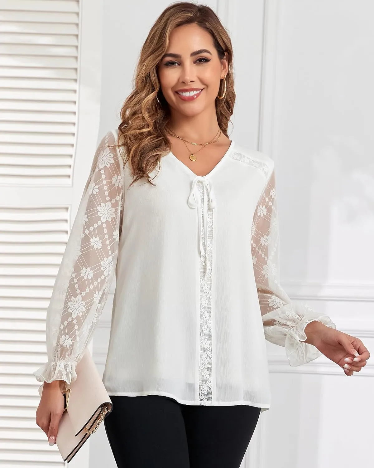 Women's Lace and Chiffon Dressy Blouses Classy Tops V Neck Long Sleeve Loose Elegant Shirts