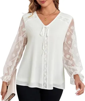 Women's Lace and Chiffon Dressy Blouses Classy Tops V Neck Long Sleeve Loose Elegant Shirts