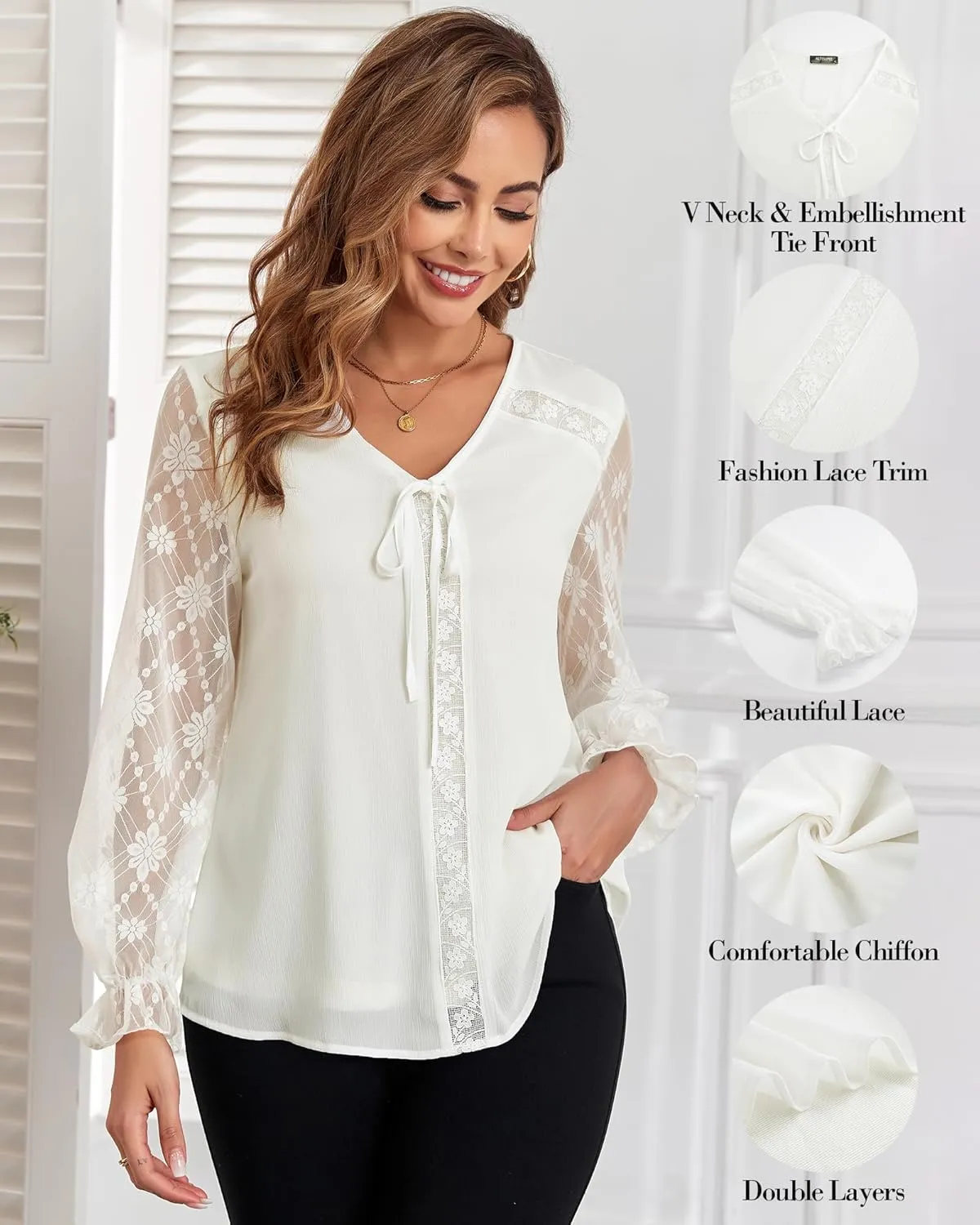 Women's Lace and Chiffon Dressy Blouses Classy Tops V Neck Long Sleeve Loose Elegant Shirts