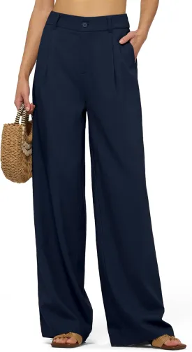 Women's Linen Pants Wide Leg Dressy Casual Beach Linen Pants Summer with Pockets 29" 31"