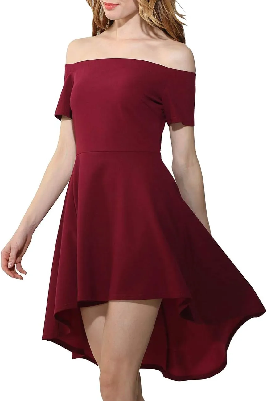 Womens Off Shoulder Short Sleeve Swallowtail Dress High Low Flare Skater Dress