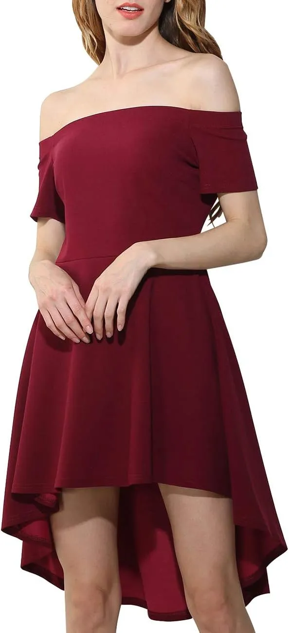 Womens Off Shoulder Short Sleeve Swallowtail Dress High Low Flare Skater Dress