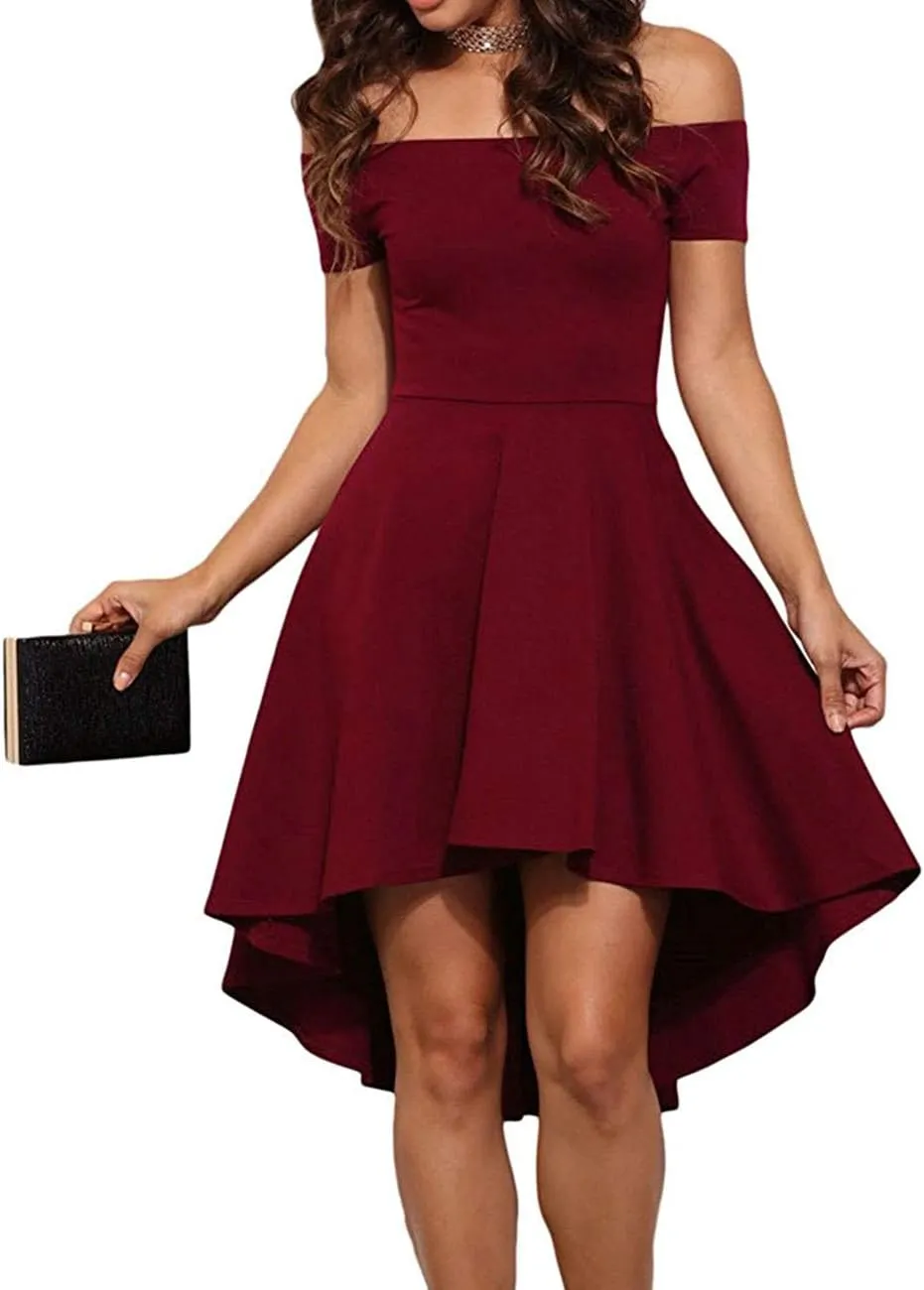 Womens Off Shoulder Short Sleeve Swallowtail Dress High Low Flare Skater Dress