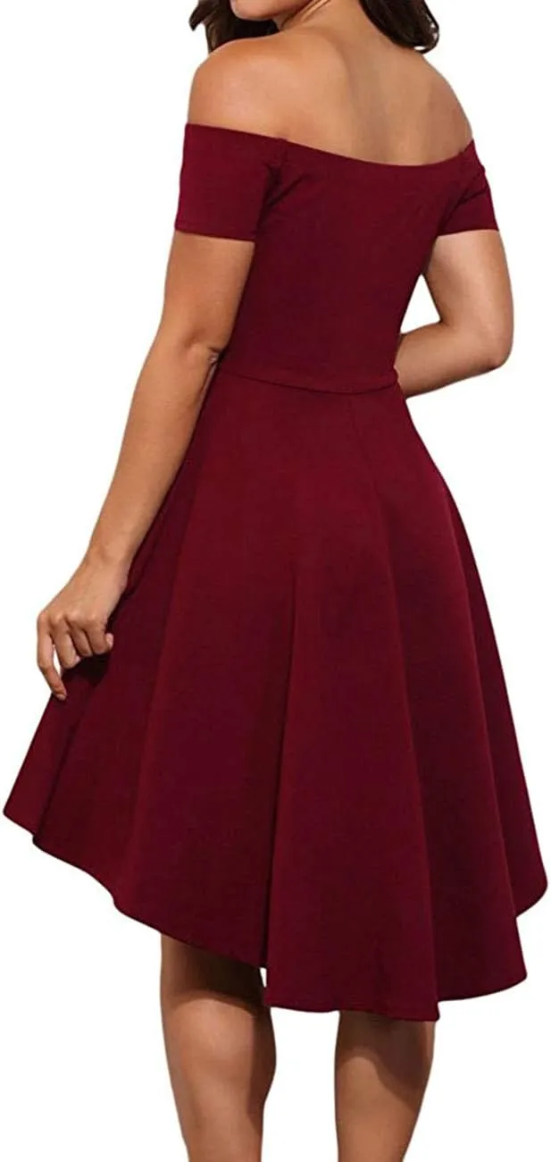 Womens Off Shoulder Short Sleeve Swallowtail Dress High Low Flare Skater Dress