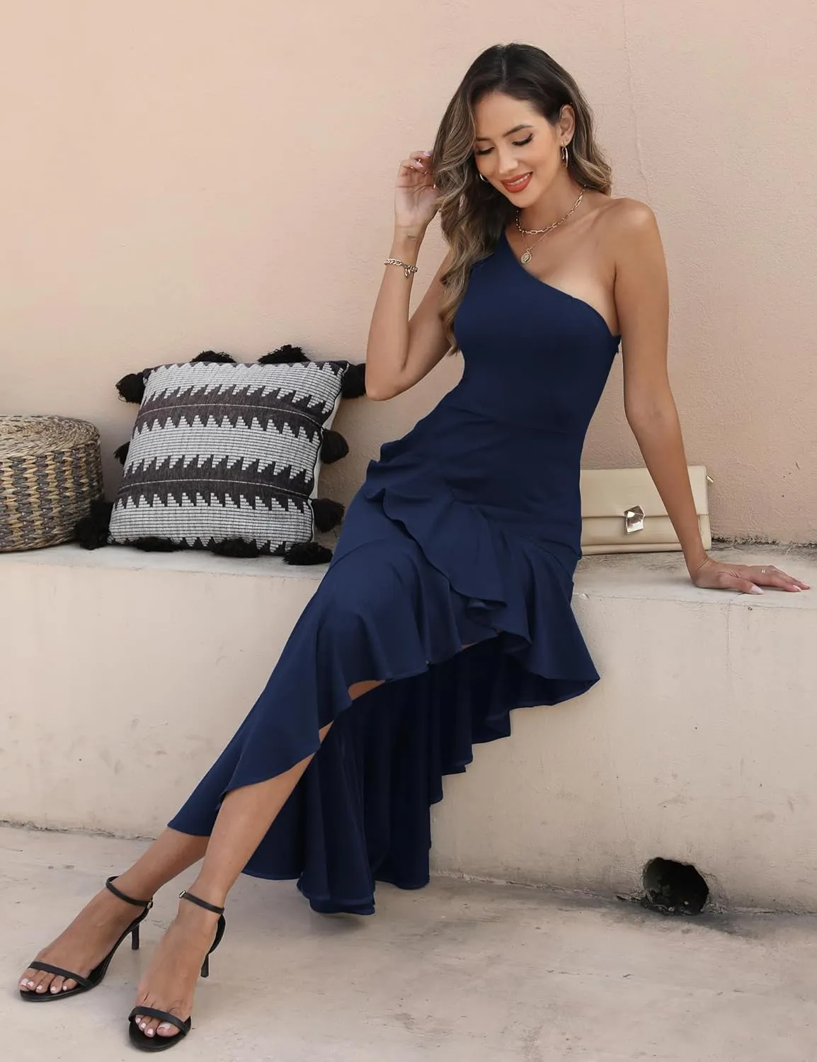 Women's One Shoulder Dress Sleeveless Midi Dresses Asymmetric Ruffle Bodycon Cocktail Party Dress