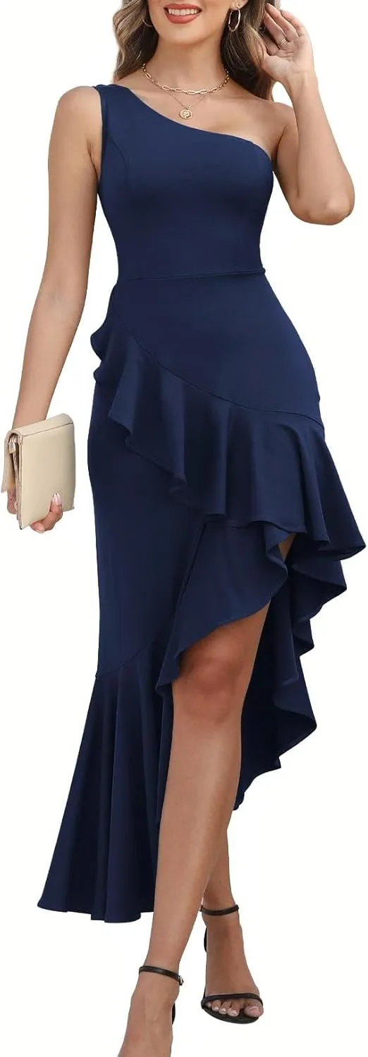 Women's One Shoulder Dress Sleeveless Midi Dresses Asymmetric Ruffle Bodycon Cocktail Party Dress